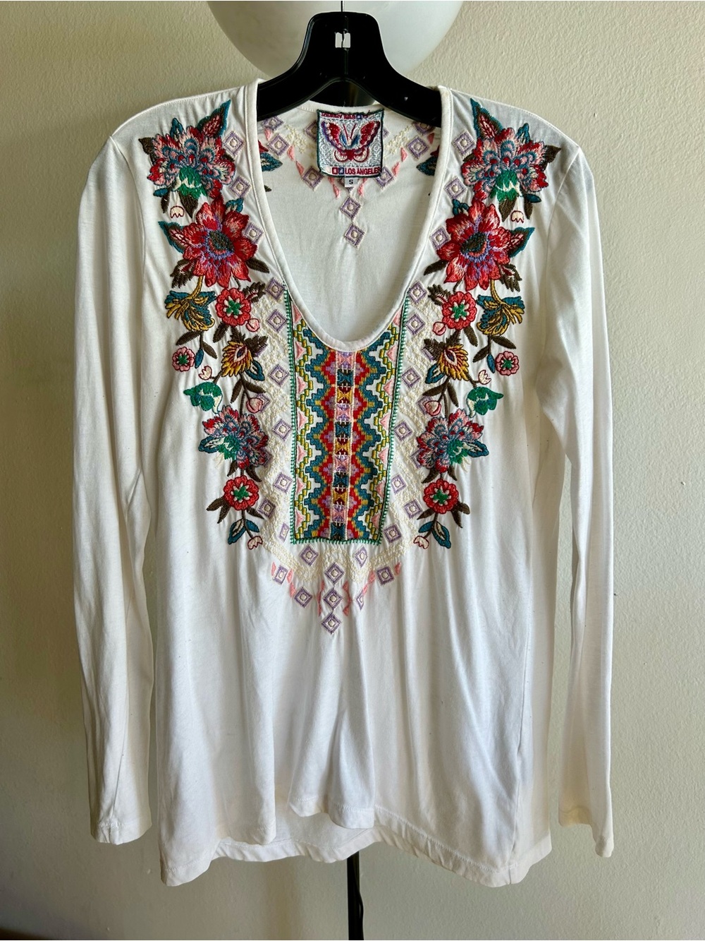 Johnny Was White Long Sleeve V-Neck Top with Multicolor Floral Embroidery